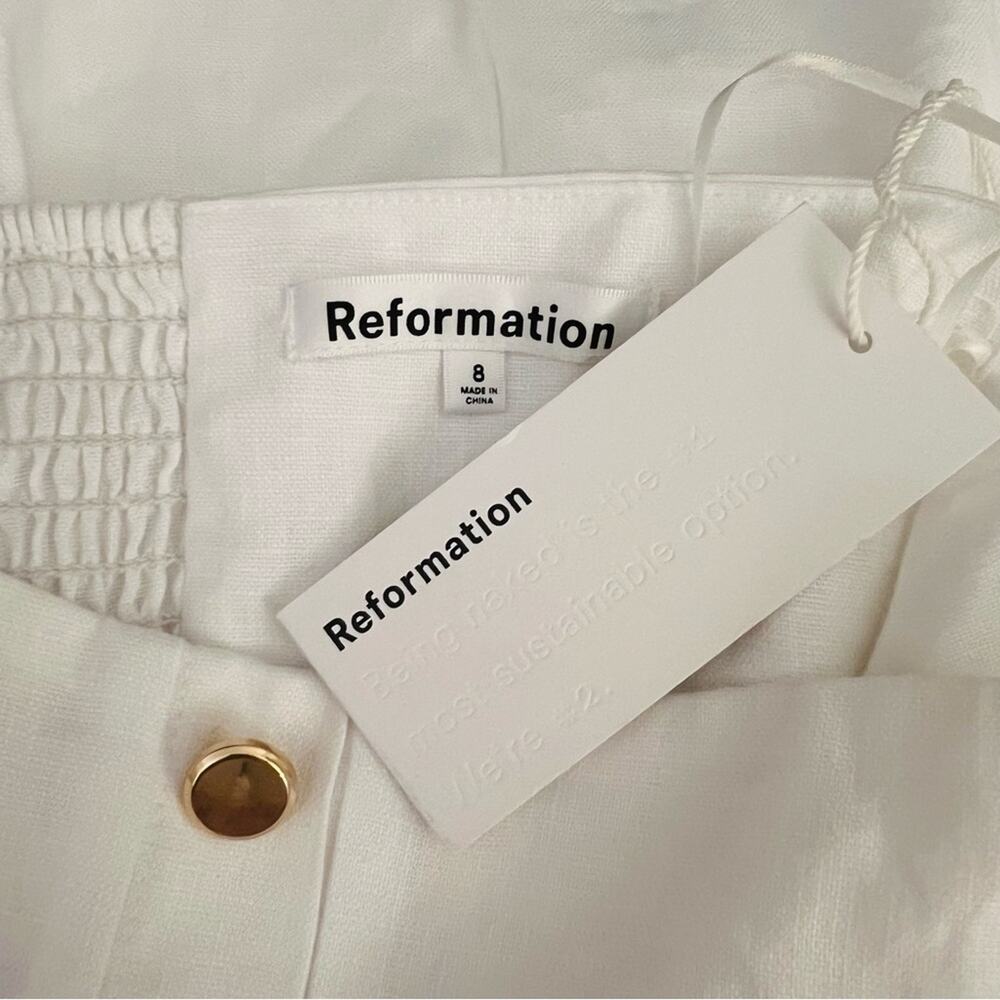 REFORMATION Shiela Linen Dress White Strapless Sheath Mini Gold Button Sz 8 NEW - Picture 6 of 10